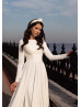 Long Sleeves Ivory Satin V Back Simple Modest Wedding Dress